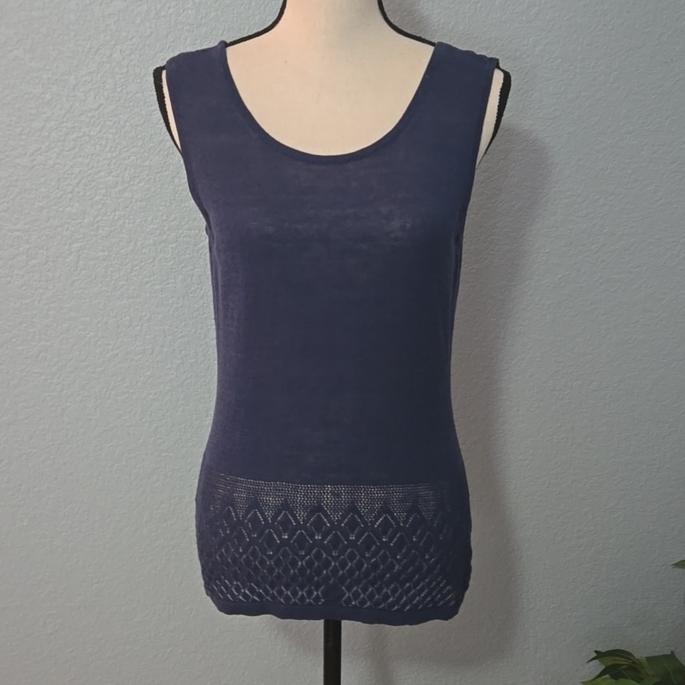 CARLISLE Linen Blend Sleeveless Shell Sweater in Blue Sz Small Patterned Panel